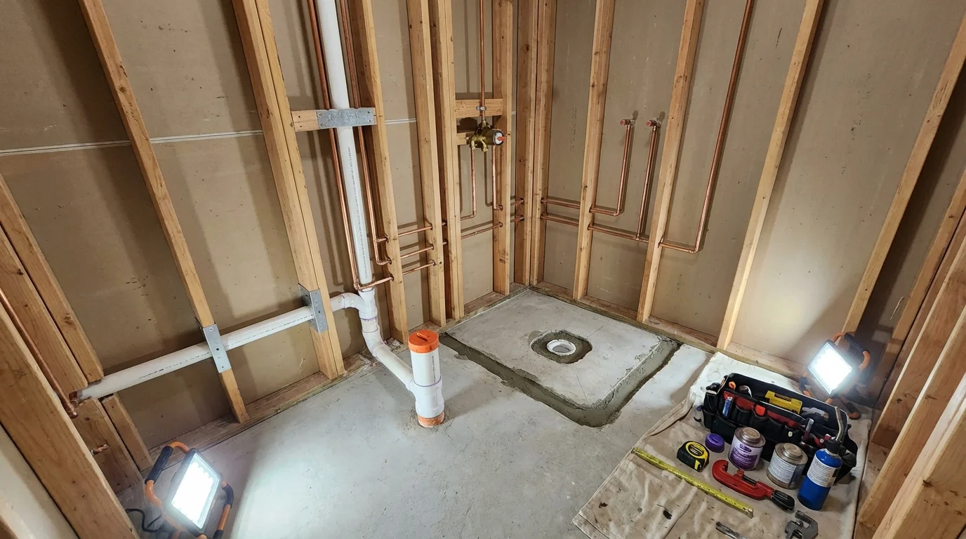 Bathroom rough-in plumbing during remodel by Johns Plumbing LLC in South Sioux City