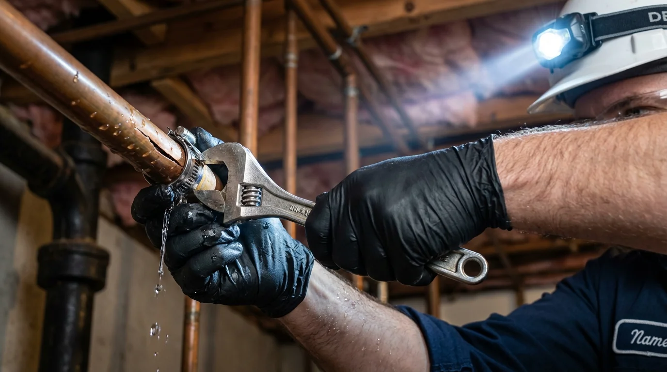 Emergency pipe clamp repair being performed by a Johns Plumbing LLC plumber in South Sioux City