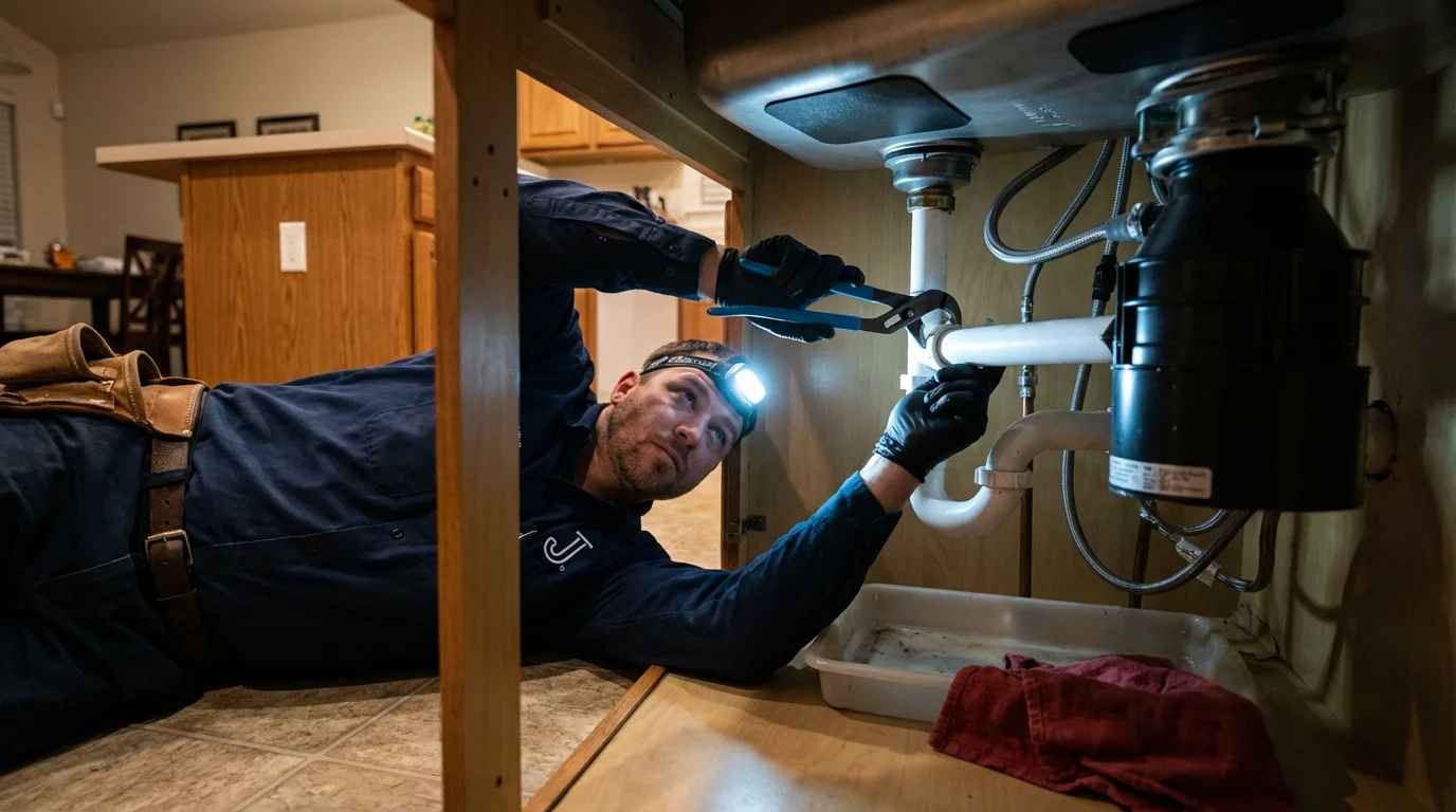 P-trap and supply line connections under a kitchen sink showing a common leak point in South Sioux City, NE